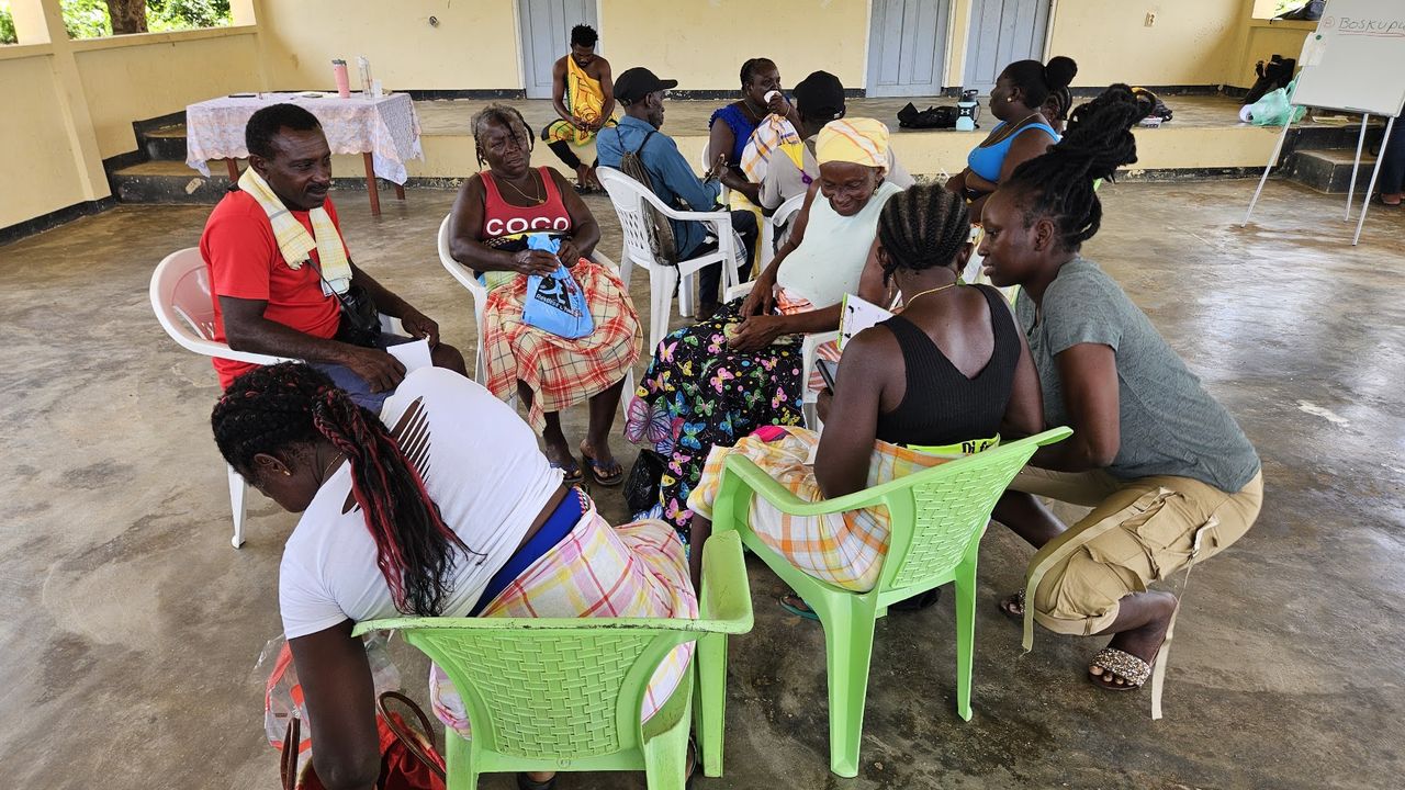 Community visioning workshop in an Upper Suriname village, participants working in small groups